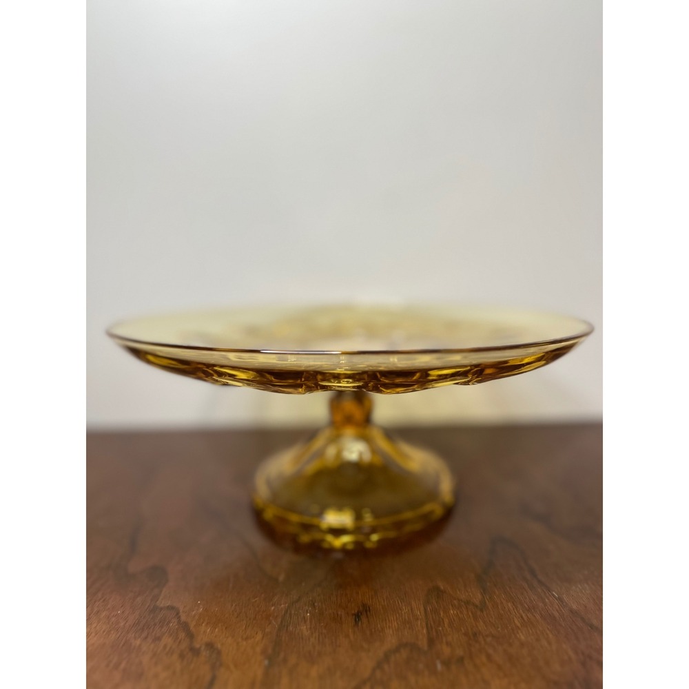 Hazel Atlas Reflection Cake Stand Amber Glass Vintage Pedestal Plate Boho MCM